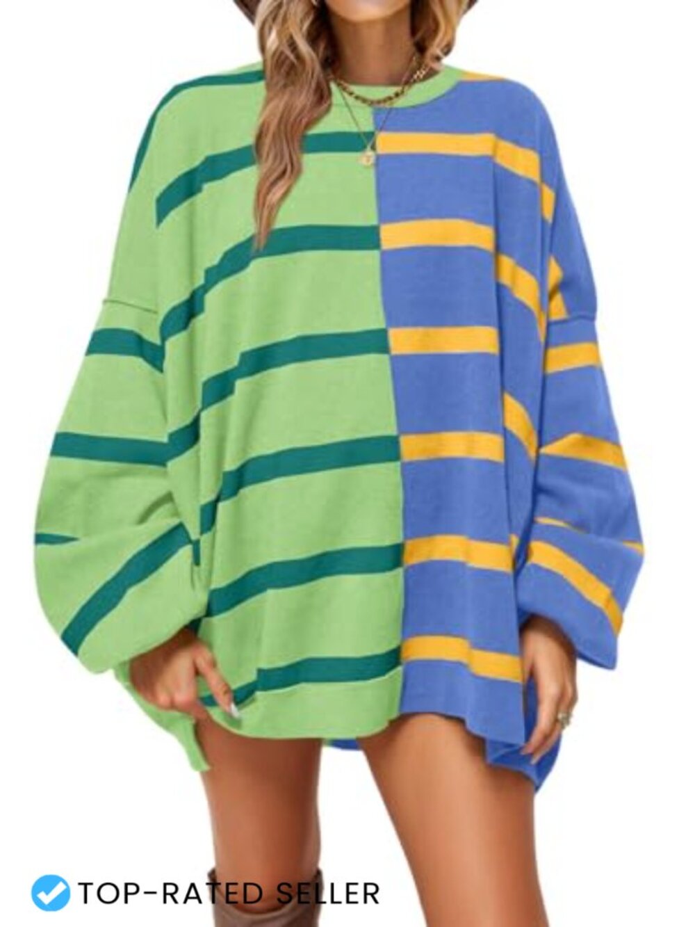 Womens Striped Crew Neck Pullover Sweater Loose Long Sleeve Knit Casual